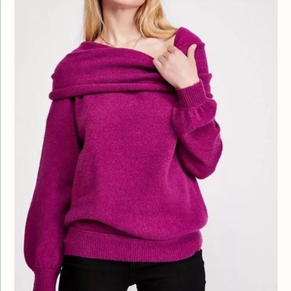 Free People Womens Sweater Purple Echo Beach Cowl Neck Wool Blend Pullover Small